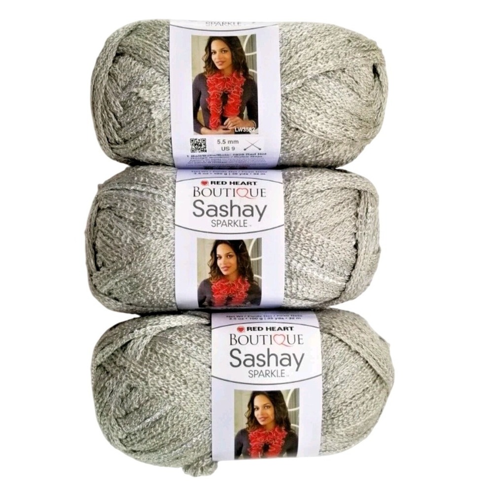 3 Red Heart Boutique Sashay Sparkle Yarn Bundle, Silver, Knitting Crochet Craft